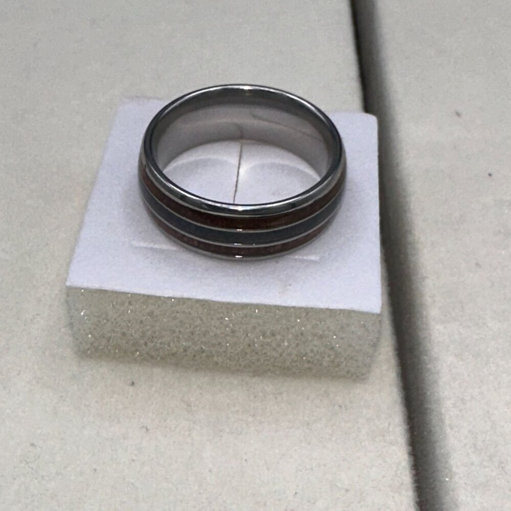 Mens Tungsten Carbide Ring With Wood & Opal Inlay Durable & Stylish Design - Picture 5 of 13